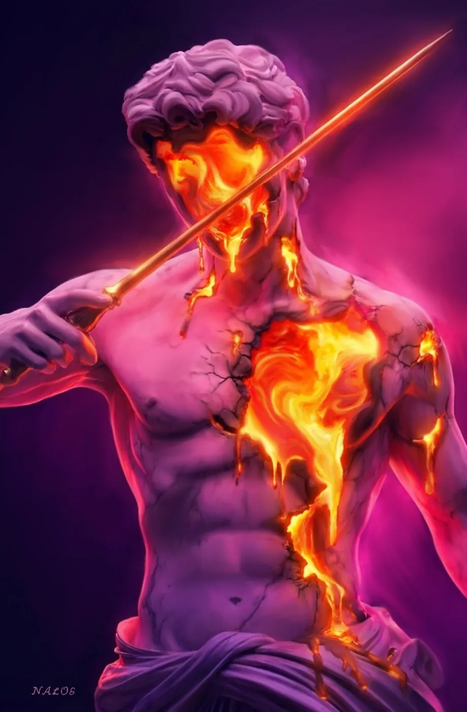 Digital work by Nehir: a statue with lava flowing through it.